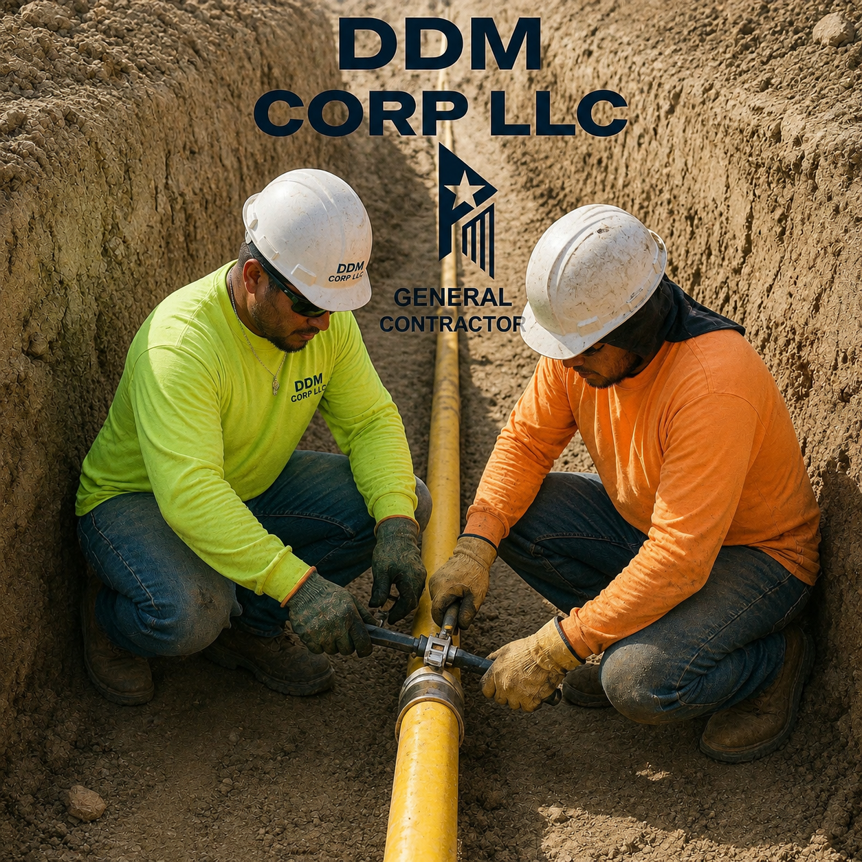 DDM Corporation LLC crew installing pipeline in a trench