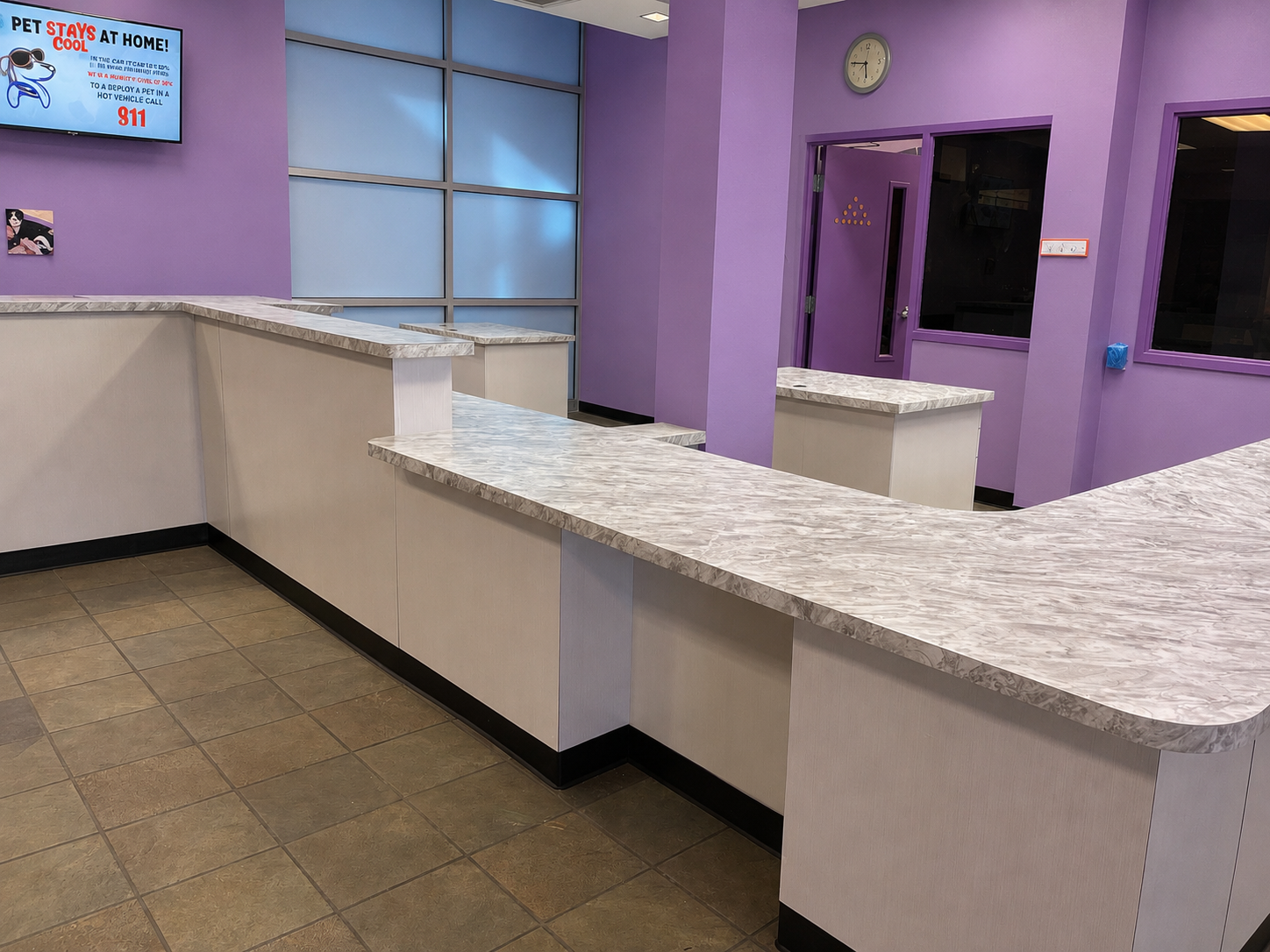 Reception counter and casework installed in a veterinary clinic remodel